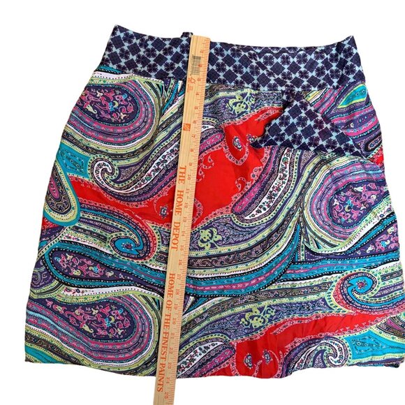 Silk Paisley Geometric Print Skirt Faux Wrap Sz 16 Vibrant Red Purple Zip - Picture 6 of 9